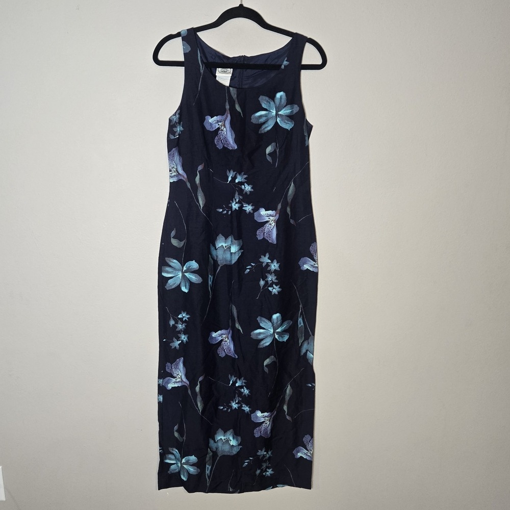 Laura Ashley Dress US 6 Navy Silk Linen Floral Maxi 90s Cottagecore Vintage